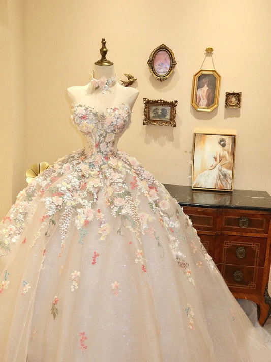 Superbe robe de bal à fleurs en cœur, robe de soirée, robe de Quinceanera D3394