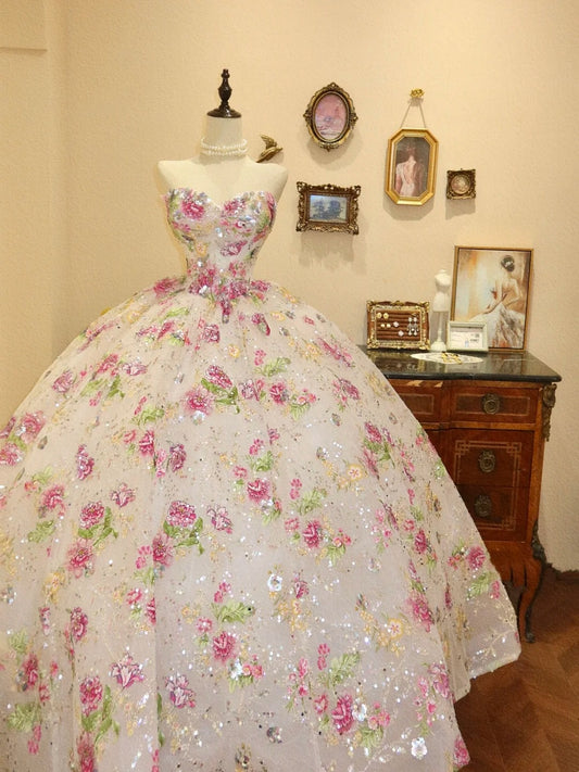Charmante robe de bal en cœur à fleurs, robe de soirée, robe de Quinceanera D3395