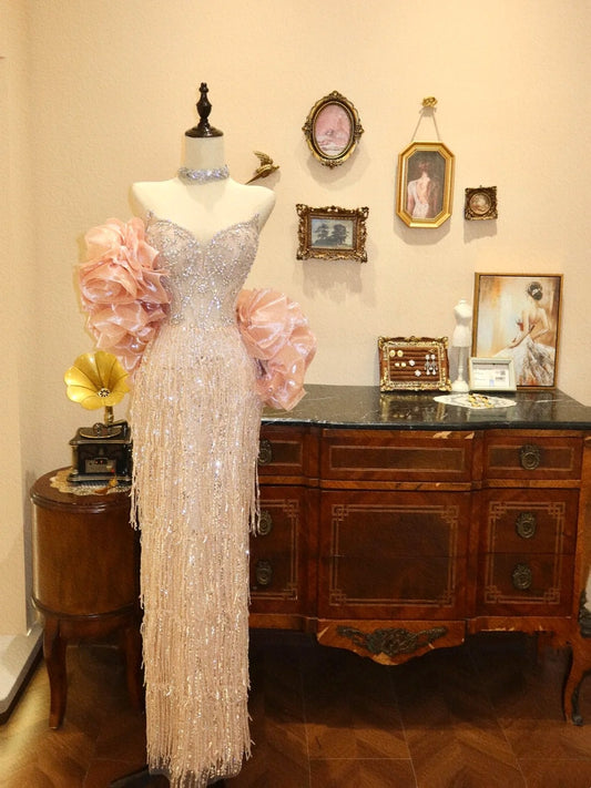 Robe de bal brillante à pompons et décolleté en cœur, robe de soirée, robe de gala, robe de fête d'anniversaire, D3397