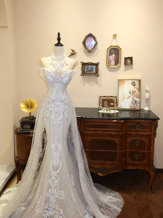 Superbe robe de mariée sirène en dentelle à décolleté en cœur D3401