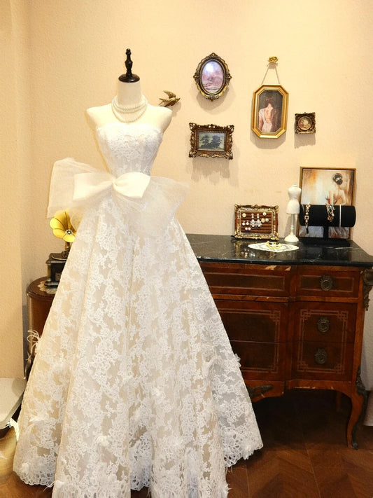 Robe de mariée élégante, coupe trapèze, sans bretelles, avec nœud papillon, D3411