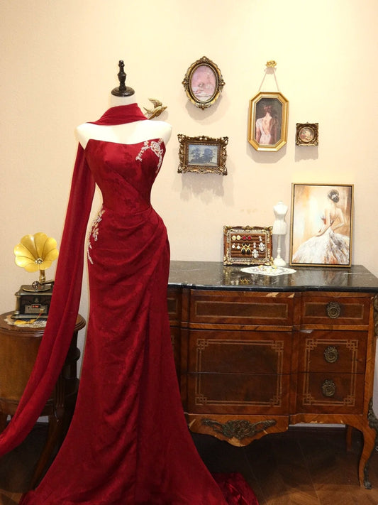 Robe de bal élégante rouge vin, robe de soirée sirène sans bretelles, robe de gala D3412