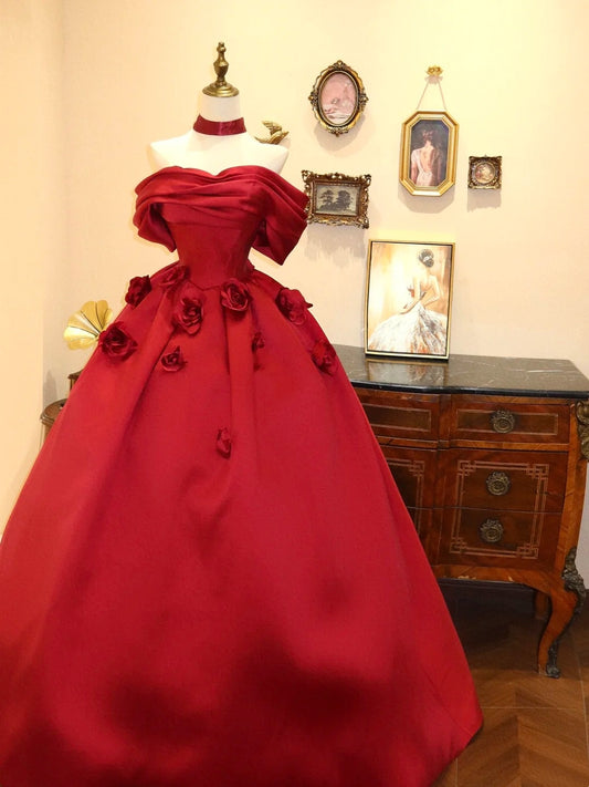 Robe de bal de beauté rouge vin, épaules dénudées, robe de soirée à fleurs, robe de gala D3413