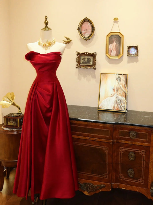 Robe de bal élégante rouge vin, coupe trapèze, sans bretelles, plissée, robe de soirée, robe de gala D3414