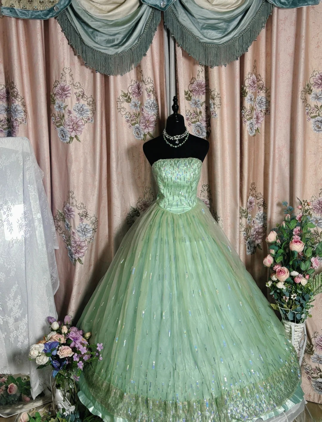 Shiny Prom Dress Strapless Tulle Ball Gown Evening Dress Quinceanera Dress  D3418
