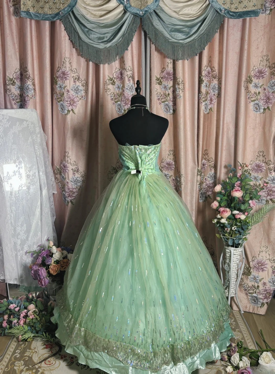 Shiny Prom Dress Strapless Tulle Ball Gown Evening Dress Quinceanera Dress  D3418