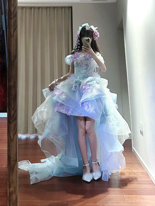 Beauty Homecoming Dress Off Shoulder Hi-lo Hem Tulle Birthday Party Dress    D3444