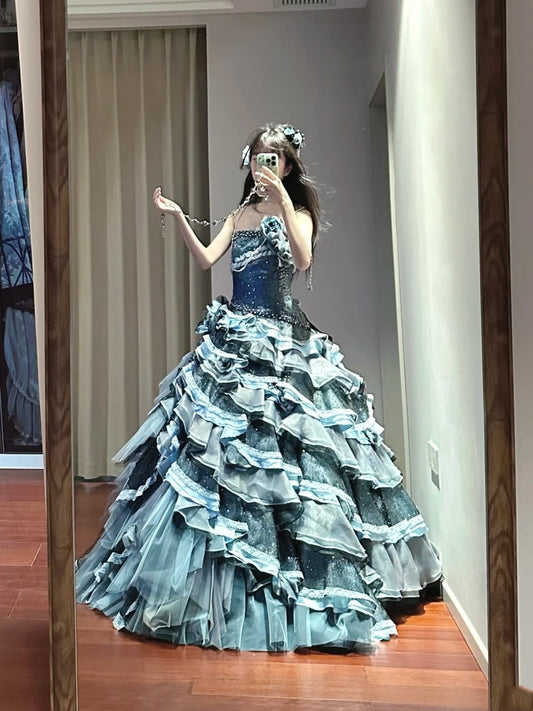 Charming Prom Dress Strapless Tiered Pleated Ball Gown Birthday Party Dresss D3449