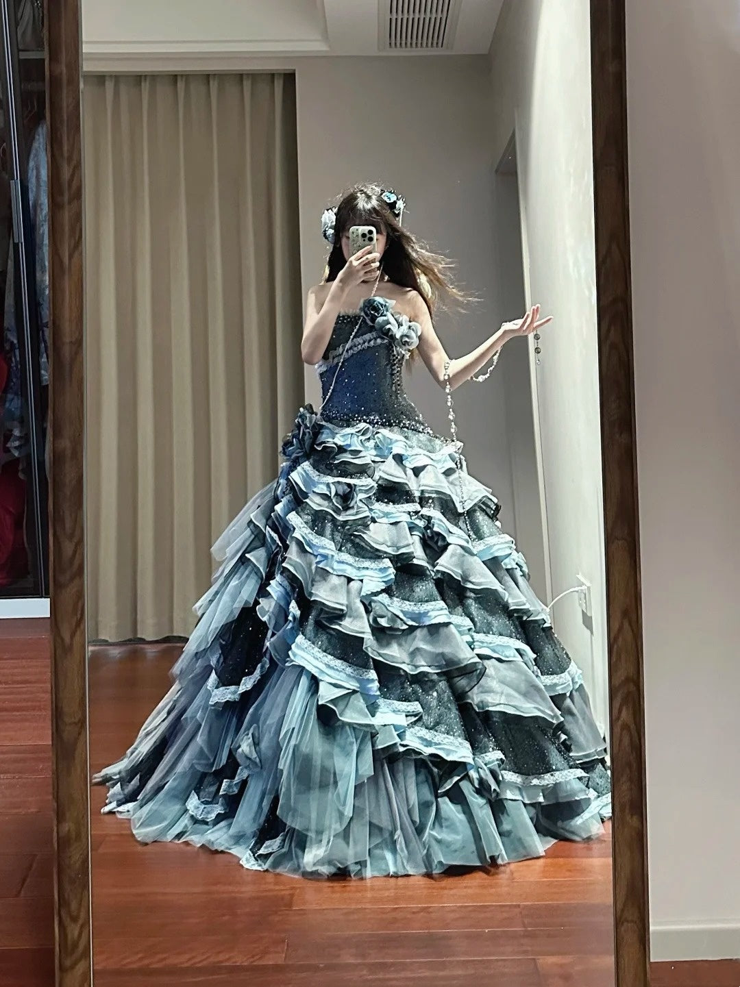 Charming Prom Dress Strapless Tiered Pleated Ball Gown Birthday Party Dresss   D3449