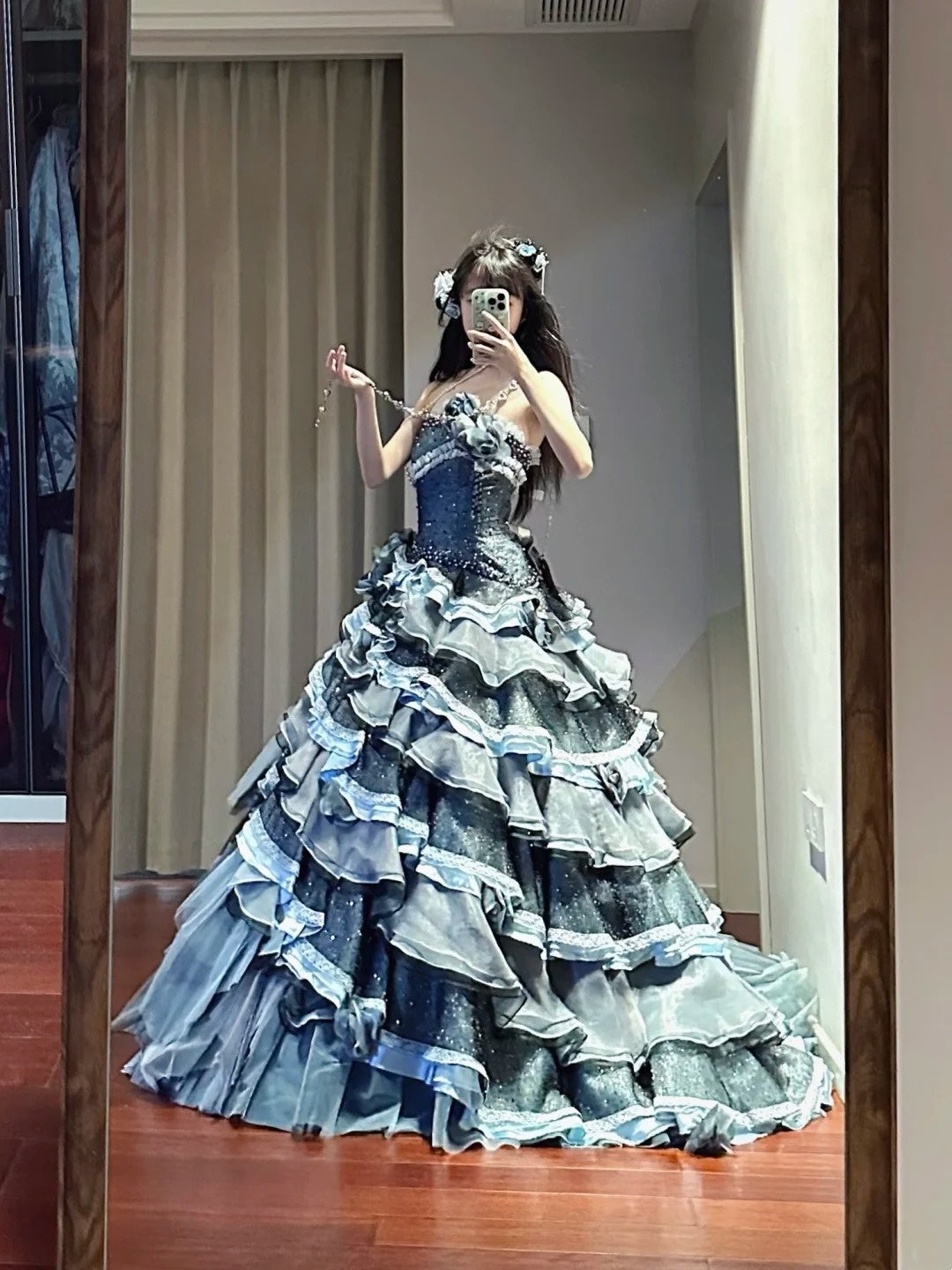 Charming Prom Dress Strapless Tiered Pleated Ball Gown Birthday Party Dresss   D3449