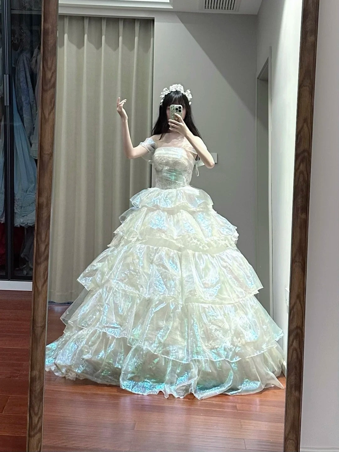 Shiny Prom Dress Off Shoulder Tiered Ball Gown Birthday Party Dress Princess Dress   D3450