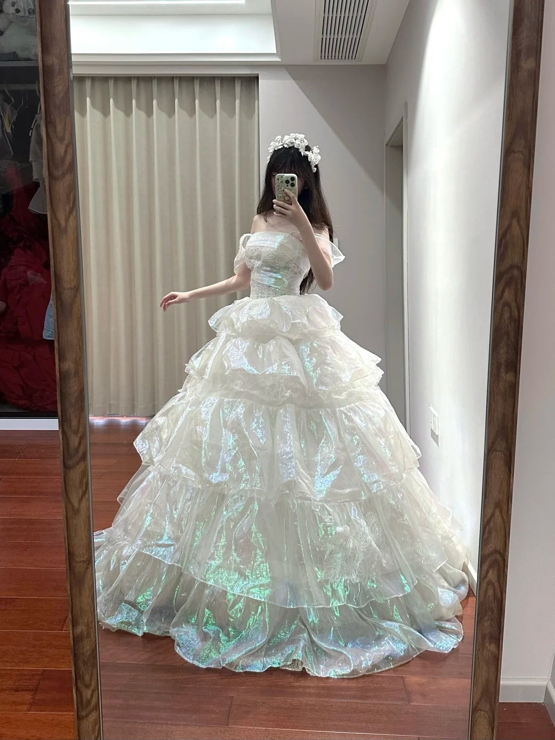 Shiny Prom Dress Off Shoulder Tiered Ball Gown Birthday Party Dress Princess Dress   D3450