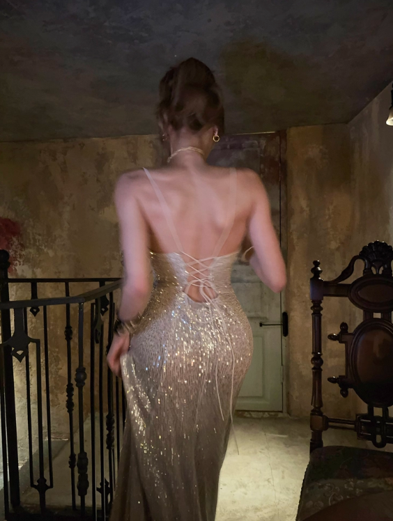 Shiny Prom Dress Spaghetti Straps Slit Long Evening Gown Cocktail Dress D3457