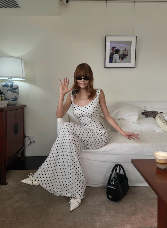 Pretty Prom Dress Straps Backless Polka Dot Long Cocktail Dress  D3463