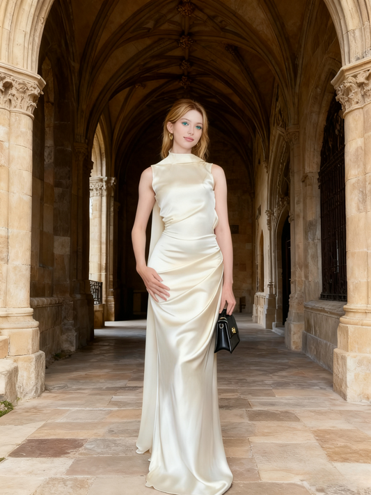 Charming Prom Dress High Collar Backless Pleated Long Evening Dress Gala Dress D3466