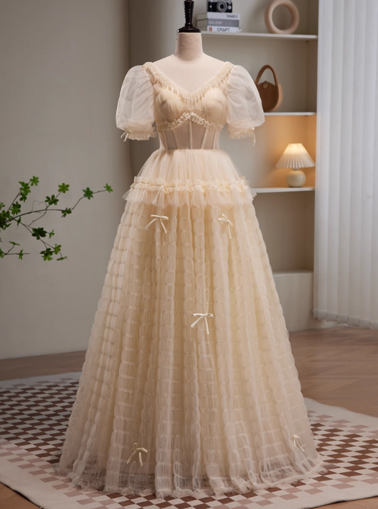 Sweet Prom Dress V-neck Tulle Pleated Quinceanera Dress Evening Dress  D3471