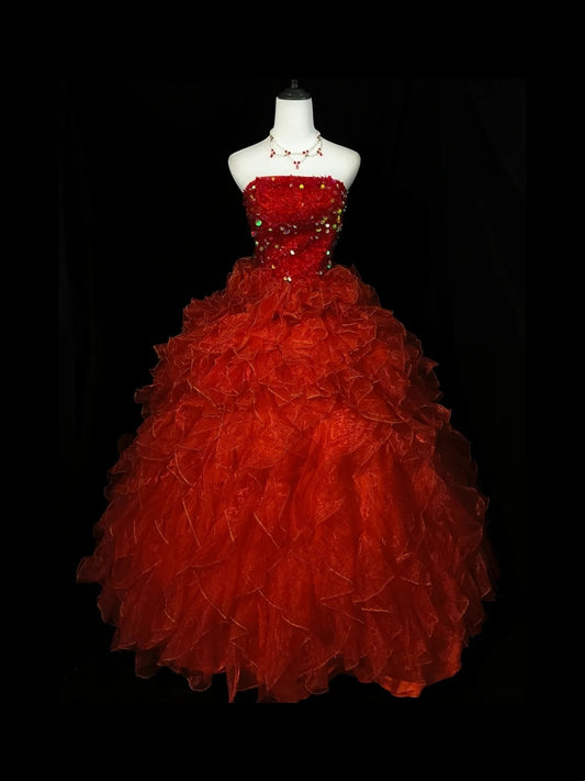 Vintage Prom Dress Strapless Sequins Ruffle Ball Gown Evening Dress D3531