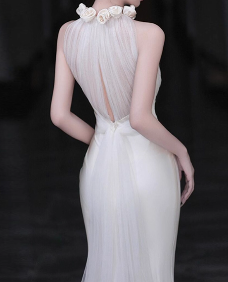 Elegant Wedding Dress Crew Neck Rose Pleated Mermaid Wedding Dress D3257
