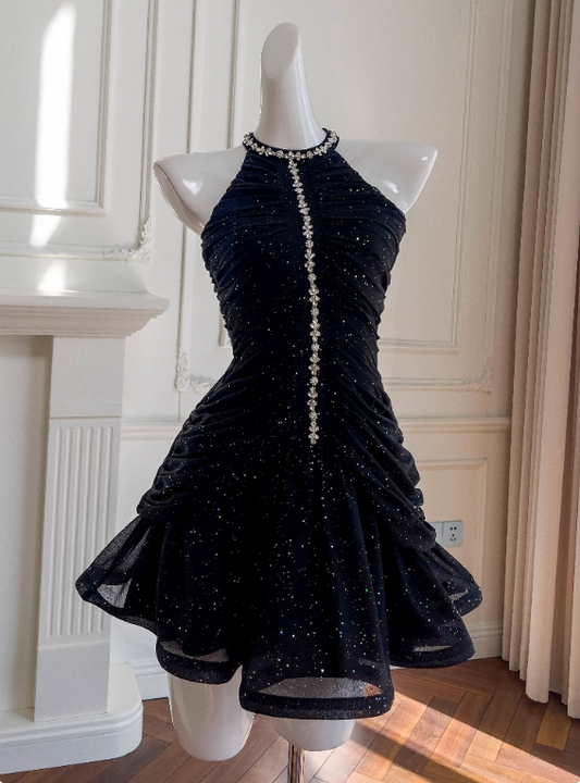 Robe de soirée courte plissée à bretelles spaghetti, tenue de soirée d'anniversaire, robe de cocktail D3339