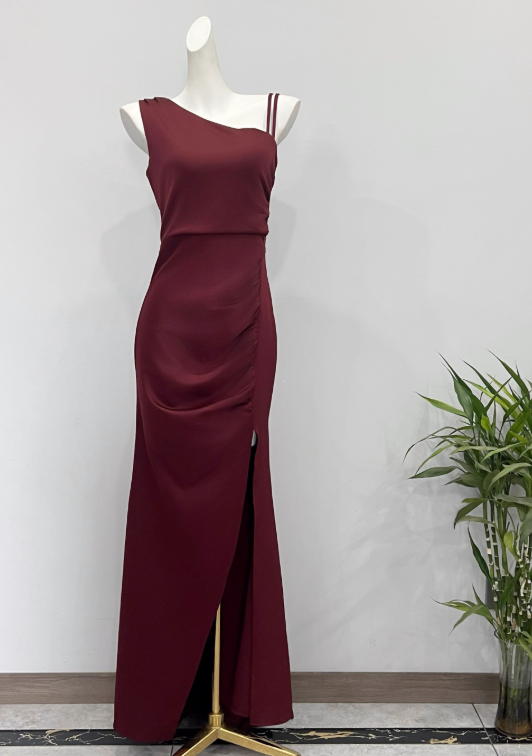 Stunning Prom Dress Wine Red Asymmetrical Neck Slit Evening Dress Birthday Party Dress D3624