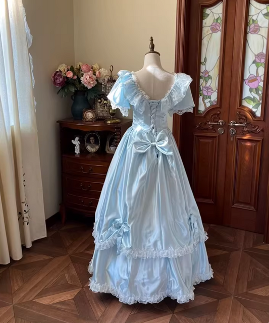 Beauty Prom Dress Baby Blue Crew Neck Pleated Lace Evening Gown Quinceanera Dress D3648