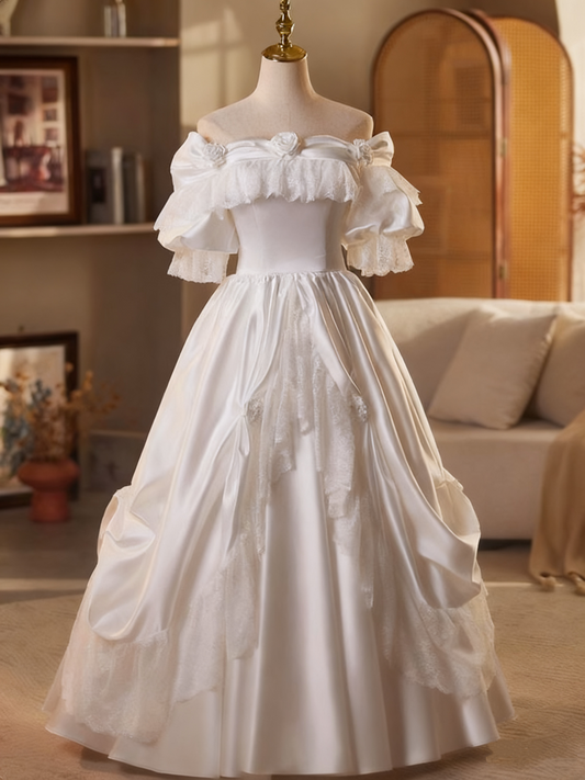 Vintage Wedding Dress Off Shoulder Pleated Lace Wedding Dress D3691
