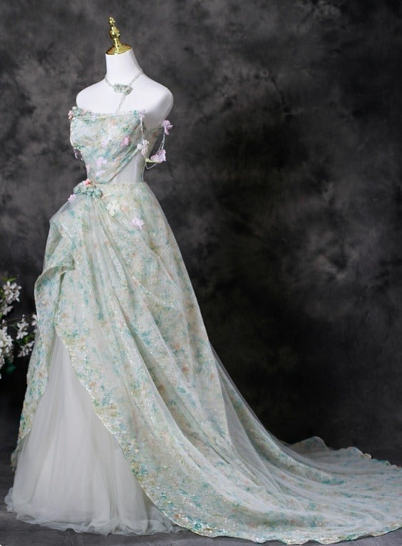 Charming Prom Dress Strapless Pleated Print Evening Dress Gala Dress D3707