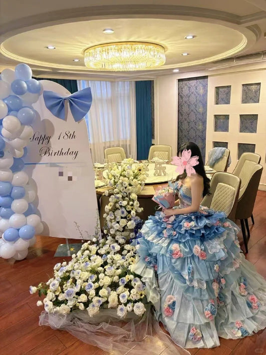 Stunning Prom Dress Strapless Tiered Flower Ball Gown Quinceanera Dress D3709