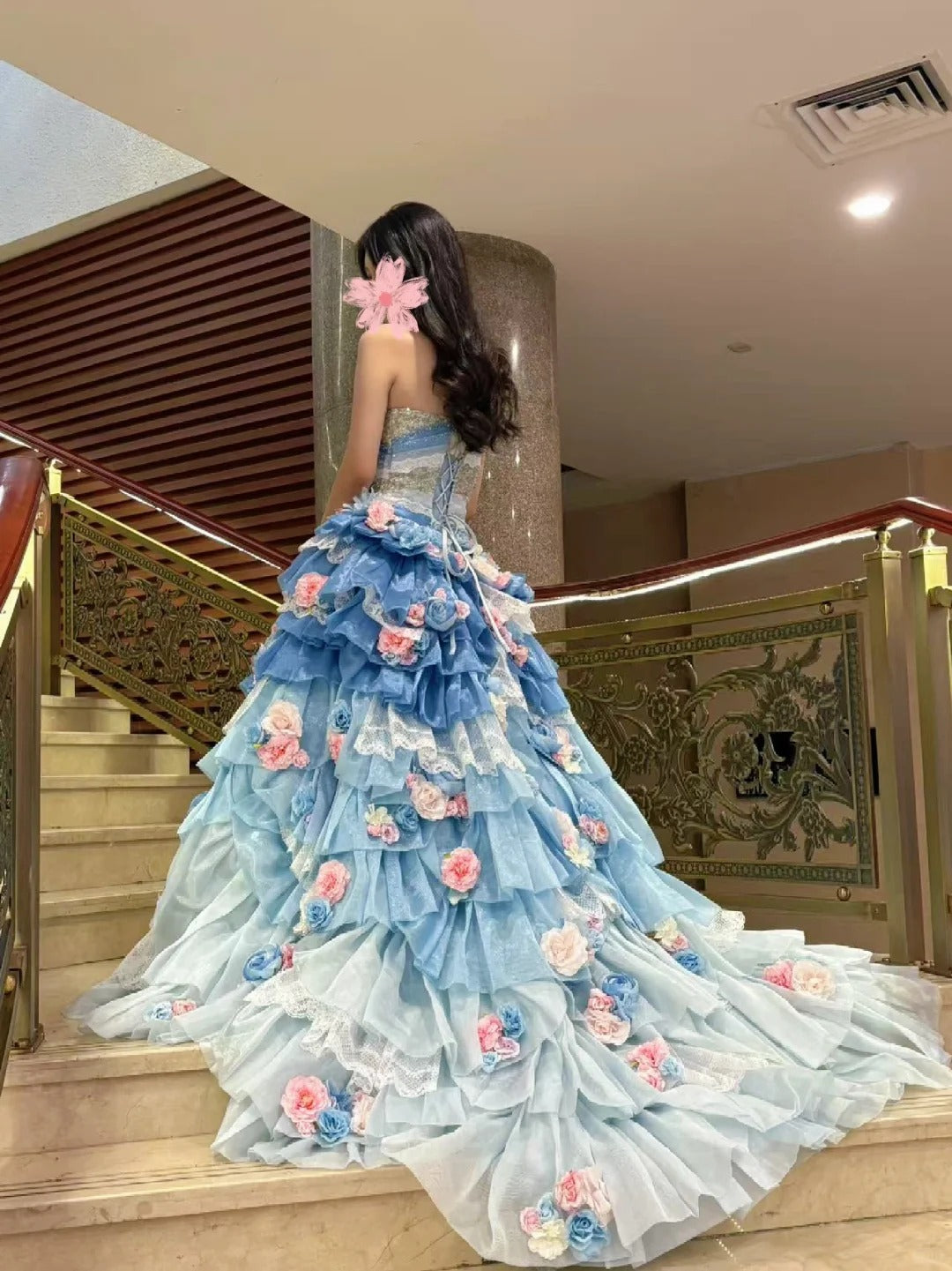 Stunning Prom Dress Strapless Tiered Flower Ball Gown Quinceanera Dress D3709