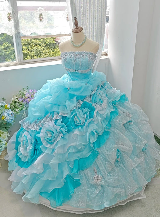 Popular Prom Dress Strapless Tiered Ruffle Ball Gown Quinceanera Dress D3710
