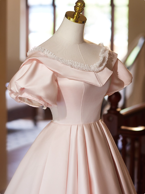 Sweet Prom Dress Pink Crew Neck Pleated Ball Gown Evening Dress Birthday Party Outfits D3731