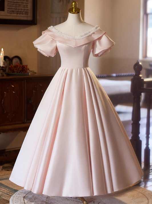 Sweet Prom Dress Pink Crew Neck Pleated Ball Gown Evening Dress Birthday Party Outfits D3731