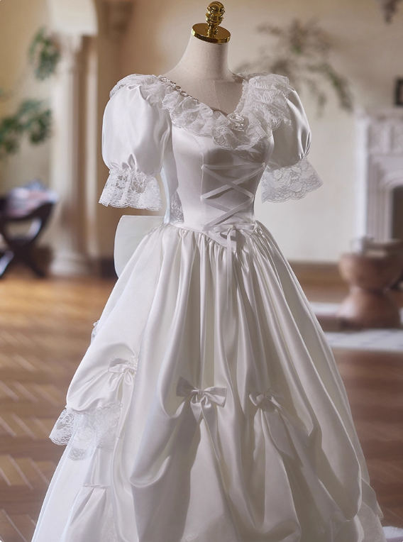 Retro Wedding Dress V-neck Pleated Lace Bowknot Wedding Dress D3738