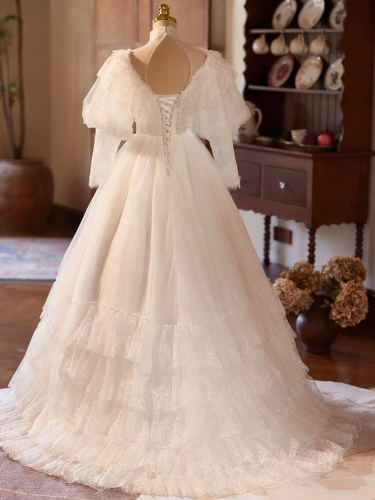 Vintage Wedding Dress High Collar Pleated Lace Wedding Dress D3739