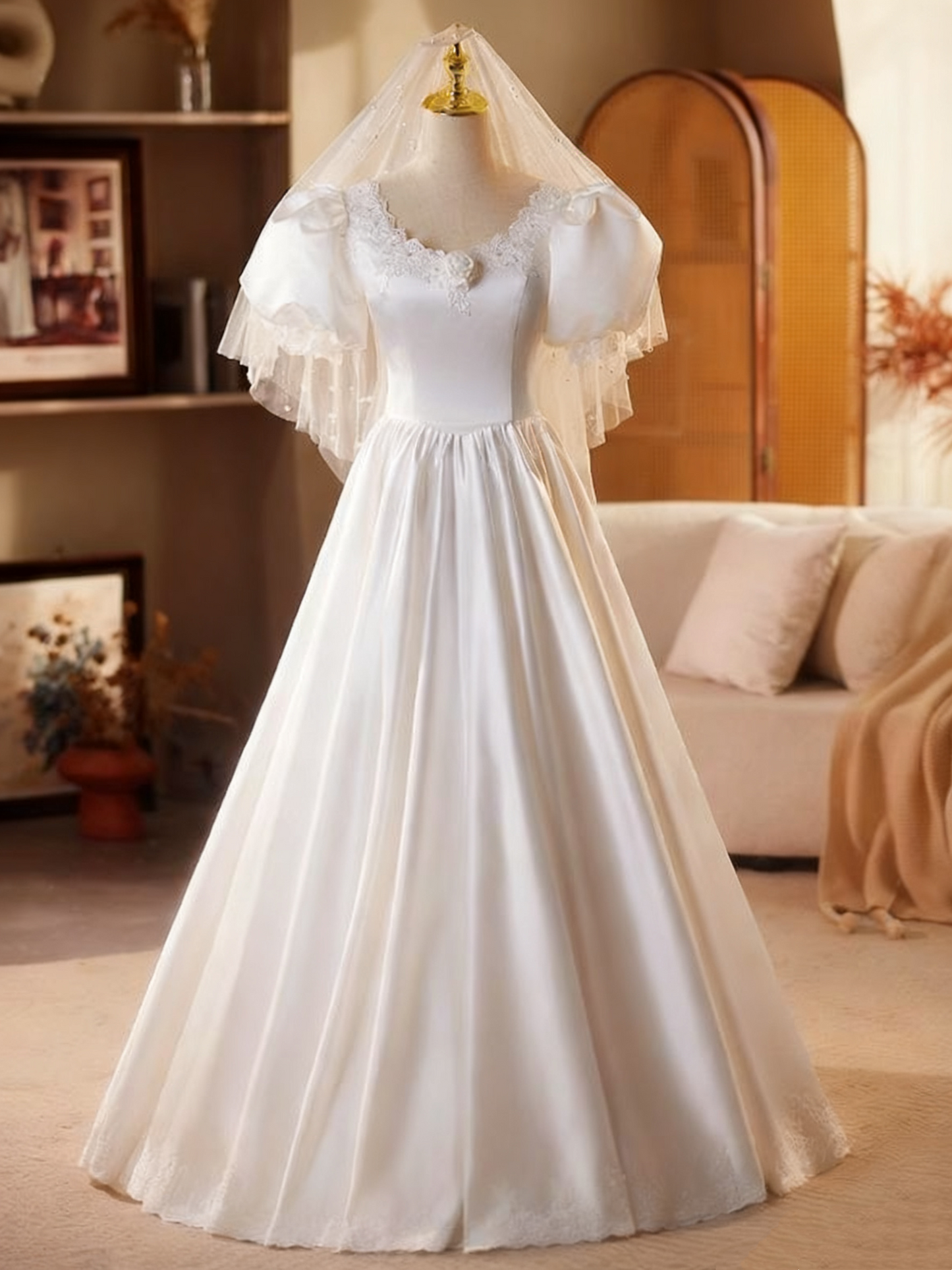 Minimalist Wedding Dress Crew Neck Pleated Wedding Dress D3740