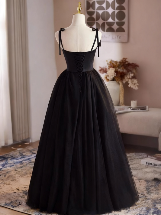 Elegant Prom Dress Black Spaghetti Straps Tulle Pleated Evening Dress Gala Gown D3754
