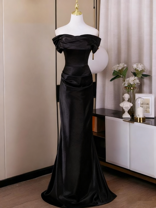 Minimalist Prom Dress Black Off Shoulder Pleated Mermaid Evening Dress Gala Dress D3756