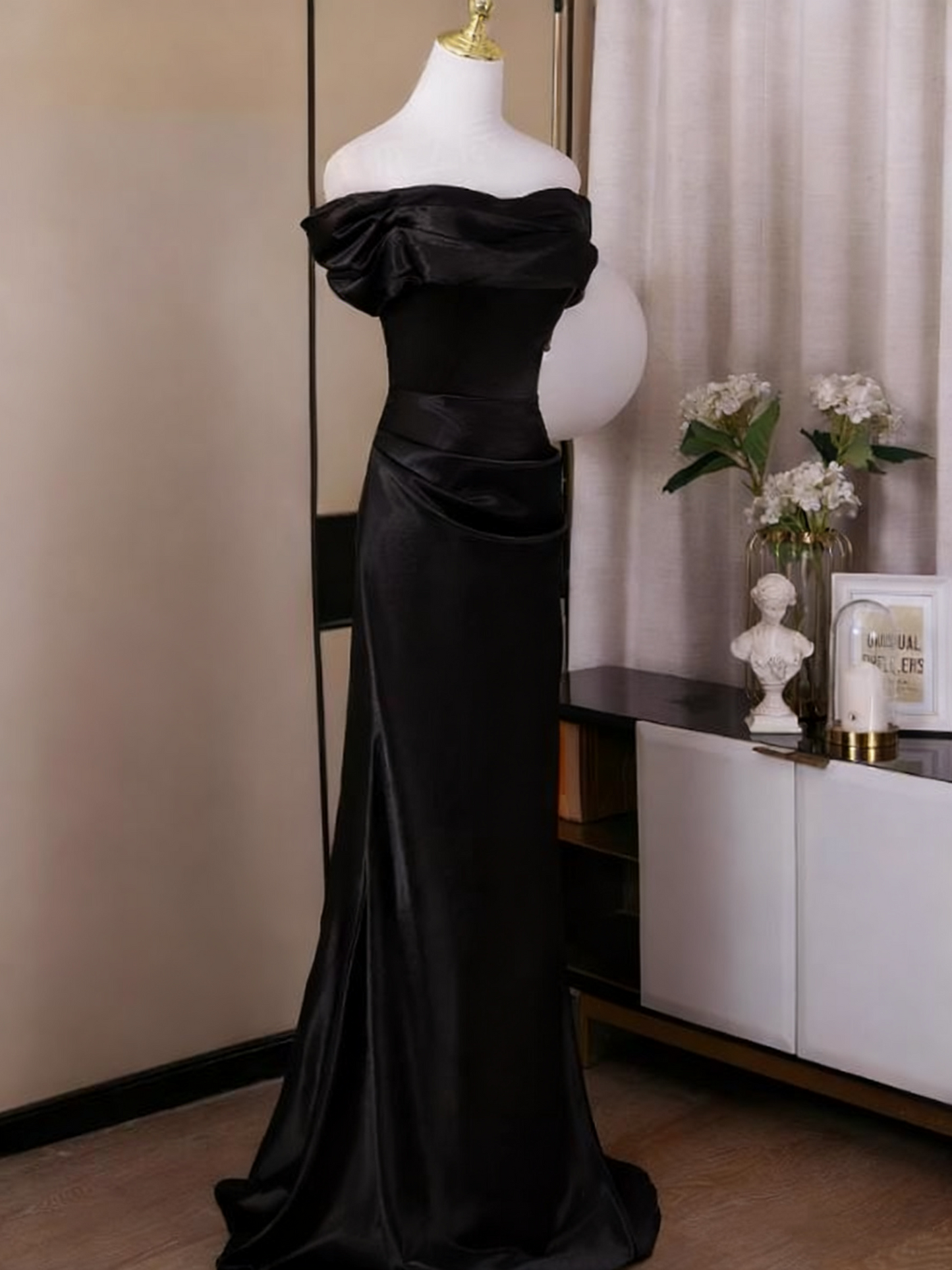Minimalist Prom Dress Black Off Shoulder Pleated Mermaid Evening Dress Gala Dress D3756