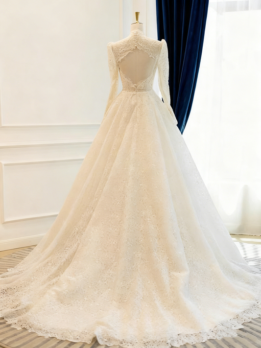 Retro Wedding Dresss Long Sleeves Backless Wedding Dress D3822
