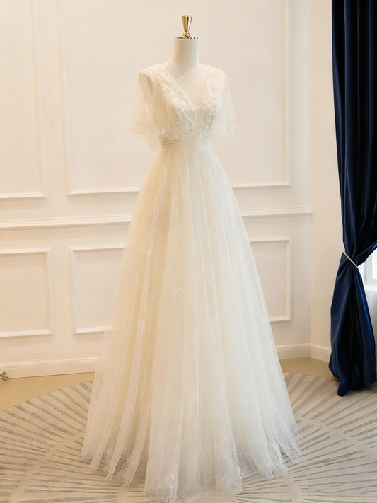 Retro Wedding Dress V-neck Tulle Pleated Wedding Dress D3823