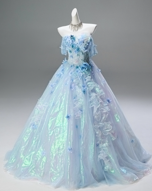 Shiny Prom Dress Off Shoulder Pleated Ruffle Ball Gown Quinceanera Dress Evening Dress D3851