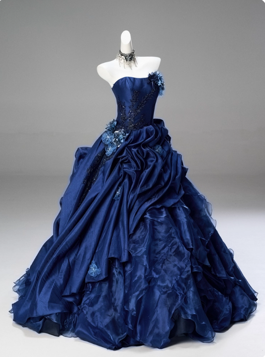 Gorgeous Prom Dress Dark Blue Strapless Pleated Ball Gown Quinceanera Dress Evening Dress D3853