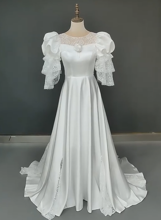 Vintage Wedding Dress Crew Neck Lace Pleated Wedding Dress D3862