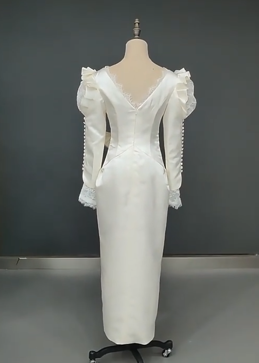 Retro Wedding Dress V-neck Pleated Wedding Dress D3863