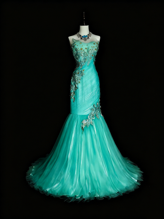 Pretty Prom Dress Strapless Tulle Pleated Mermaid Evening Dress Gala Dress Cocktail Dress D3894