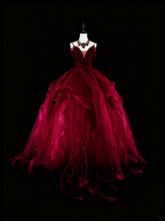 Charming Prom Dress Wine Red Spaghetti Straps Pleated Tulle Ball Gown Evening Dress Birthday Dress D3899