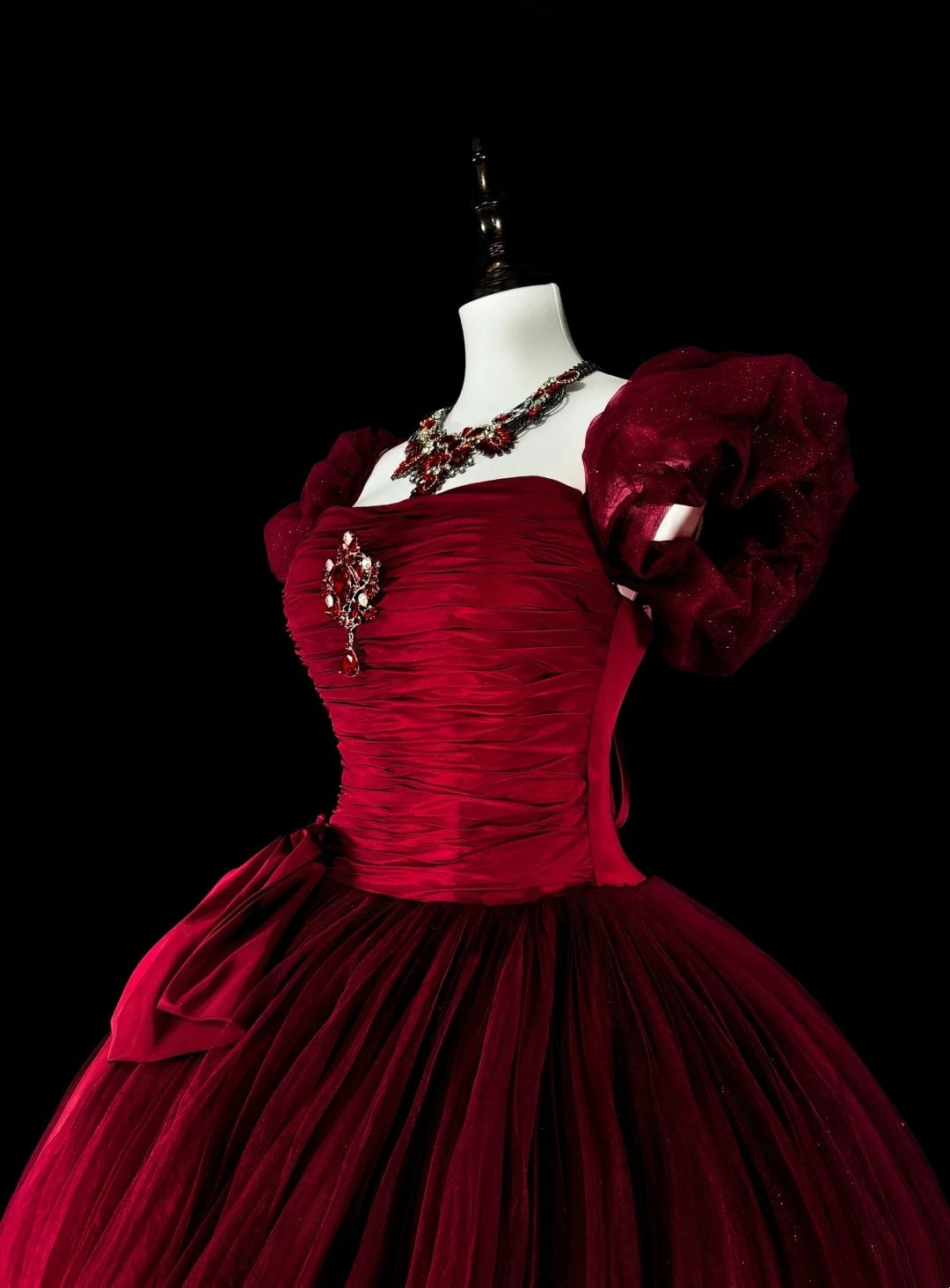 Elegant Prom Dress Wine Red Square Neck Pleated Tulle Ball Gown Evening Dress Birthday Dress D3901