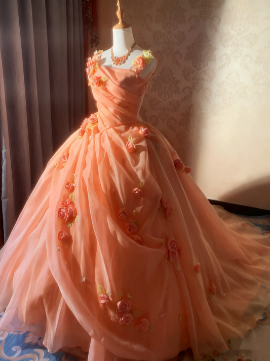 Beauty Prom Dress Square Neck Pleated Flower Ball Gown Evening Dress Sweet 16 Dress D3927
