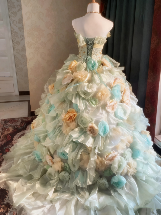Popular Prom Dress Strapless Pleated Tiered Flower Ball Gown Evening Dress Quinceanera Dress D3938