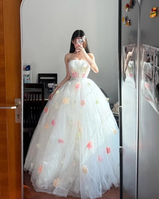 Sweet Prom Dress Strapless Flower Tulle Ball Gown Evening Dress Birthday Party Dress D3942